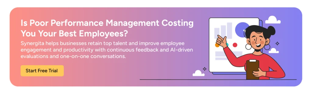 Performance management software CTA banner inviting visitors for a free trial of Synergita 
