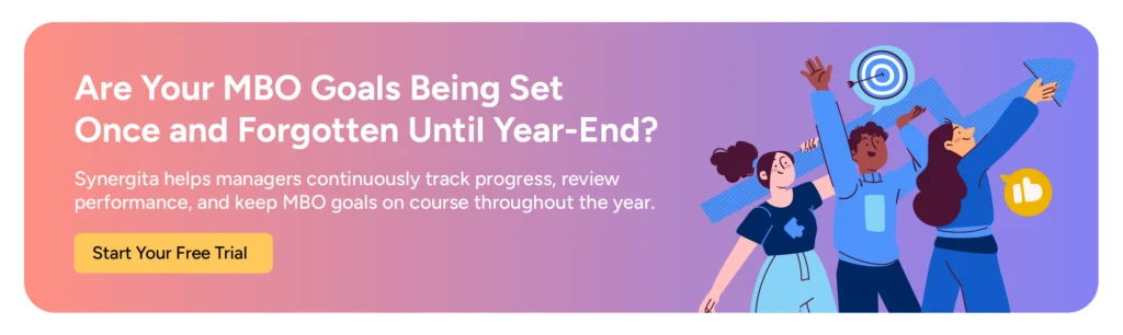 CTA banner inviting reader to try Synergita Perform for structured MBO goal setting, tracking, and reviews