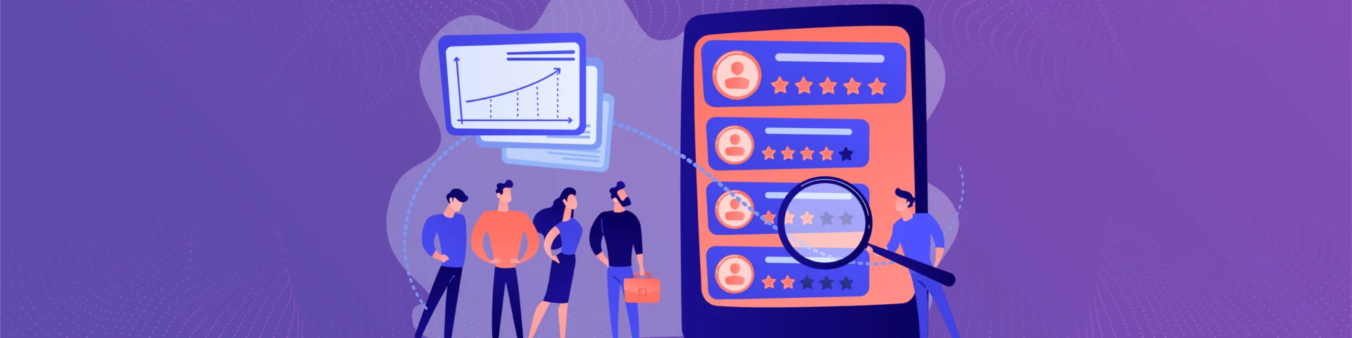 Illustration of an employee performance review system showing team members analyzing ratings, feedback, and performance metrics on a digital dashboard