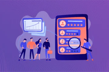 Illustration of an employee performance review system showing team members analyzing ratings, feedback, and performance metrics on a digital dashboard
