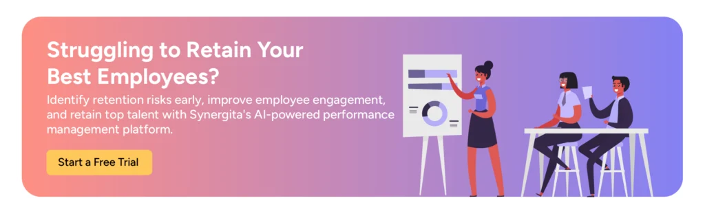 CTA banner showing Employee retention solution by Synergita with free trial CTA.