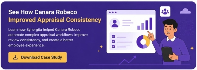 Banner promoting Canara Robeco case study on improving appraisal consistency with Synergita. 