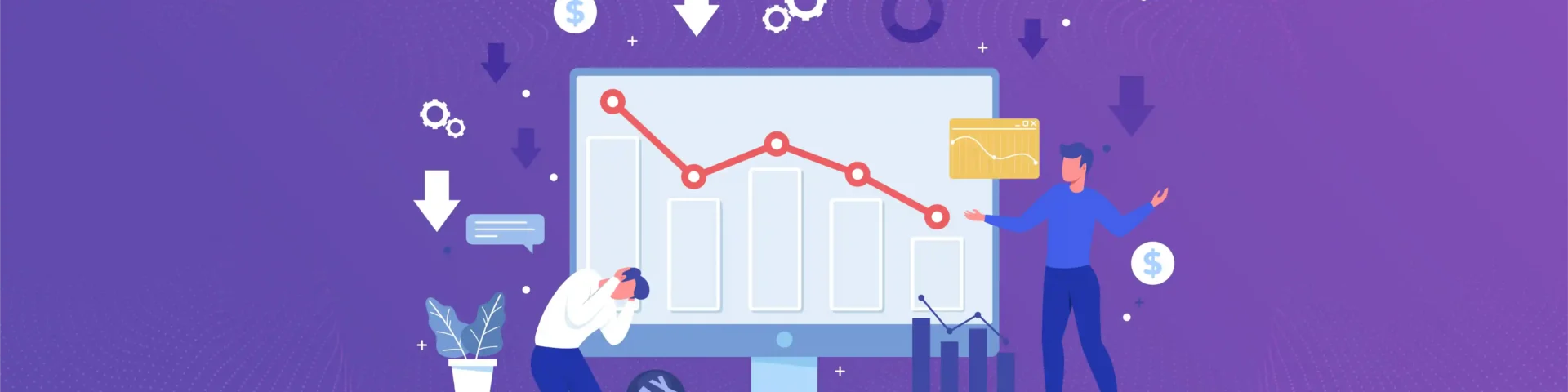 Illustration of employees reviewing a negative performance evaluation with a declining performance chart.