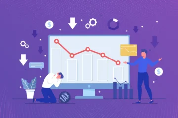 Illustration of employees reviewing a negative performance evaluation with a declining performance chart.