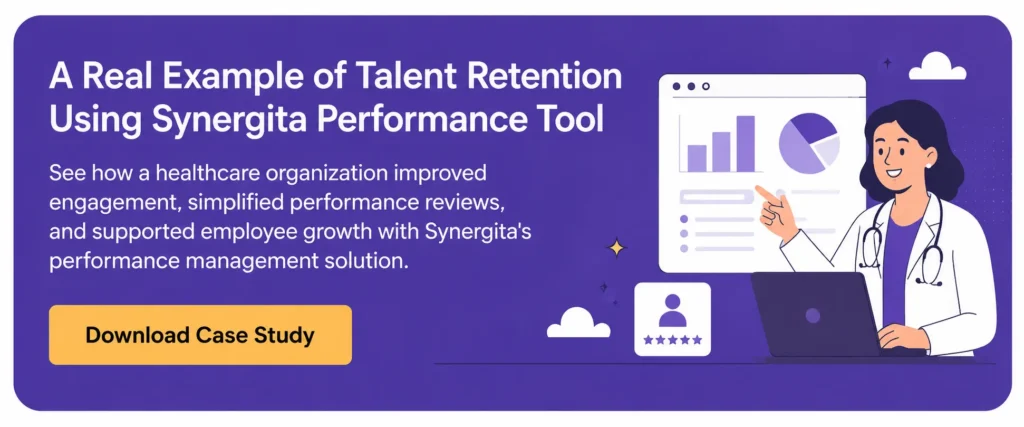 cta banner promoting a talent retention case study, featuring a healthcare professional using Synergita's performance management tool