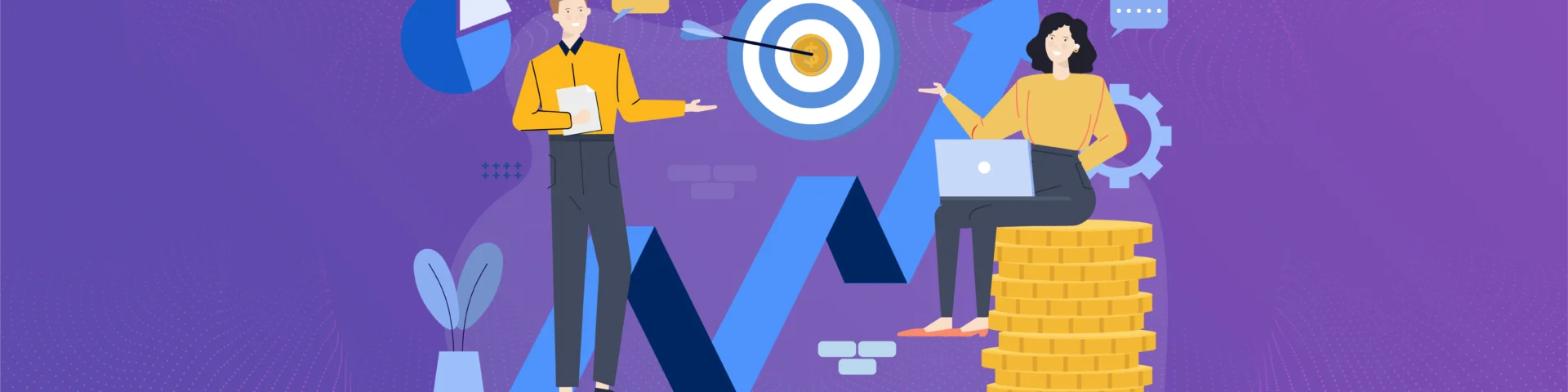 Illustration of a product team analyzing performance dashboards, setting OKRs, and tracking business goals