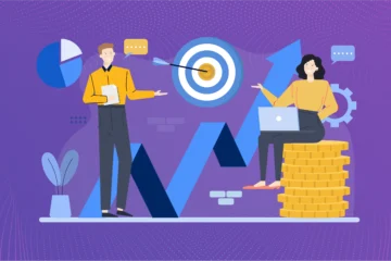 Illustration of a product team analyzing performance dashboards, setting OKRs, and tracking business goals