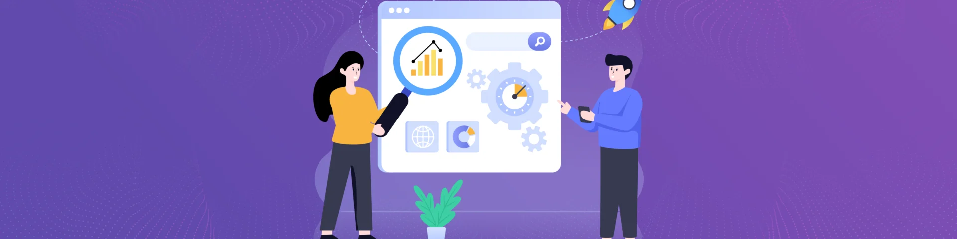 Illustration of managers reviewing an OKR dashboard with business goals, progress tracking, and performance analytics