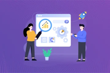 Illustration of managers reviewing an OKR dashboard with business goals, progress tracking, and performance analytics